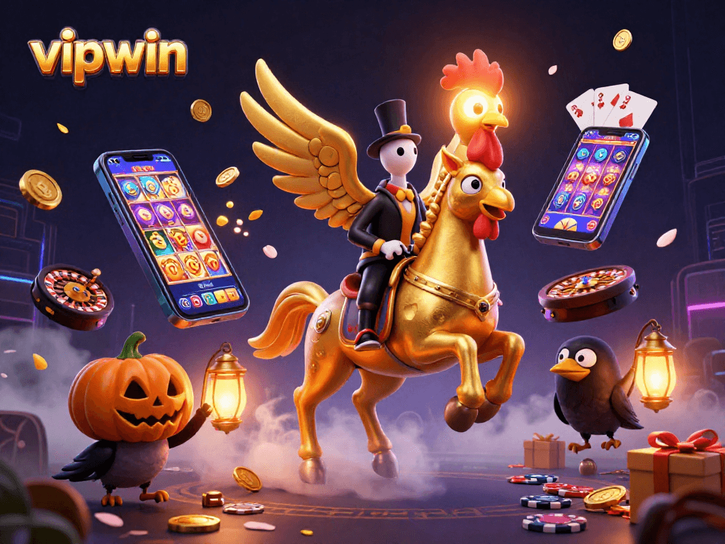 Experience thrilling gameplay with vipwin's golden rooster and dynamic casino scene.