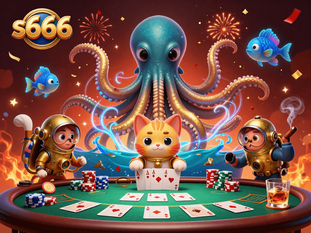 Experience the thrill of the s666 gaming universe with a captivating kraken and diving cat illustration.
