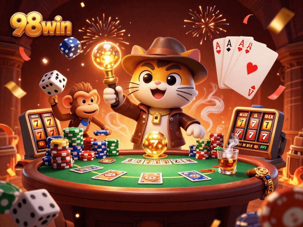 Experience the thrill at 98win with a thrilling 3D casino adventure featuring explorers and artifacts.