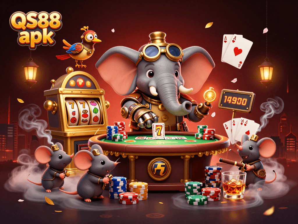 Play engaging games with QS88 apk, highlighting a steampunk-themed casino scene with vibrant slot machines.