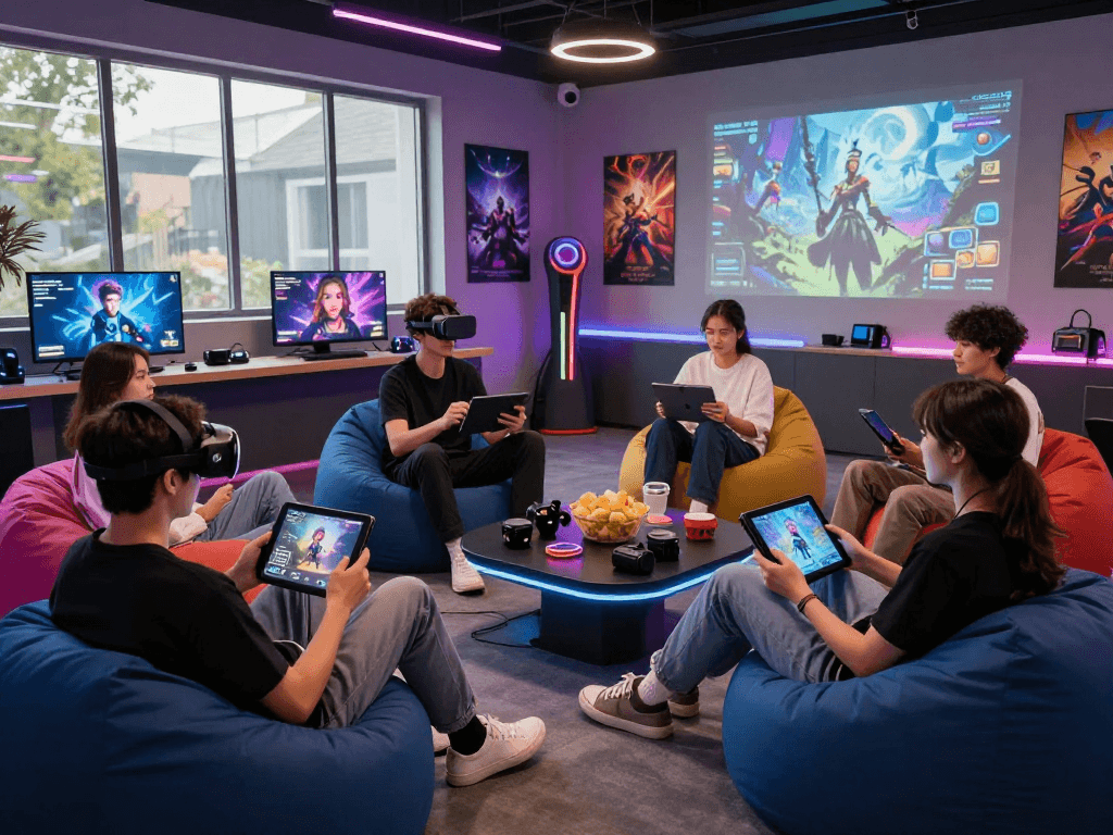 Exciting ai roleplay scene with diverse players engaged in digital gaming.