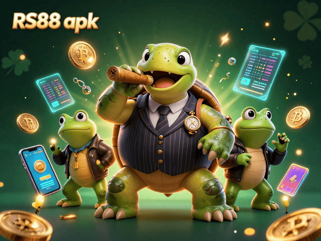 Experience thrilling gambling with RS88 apk graphics featuring a turtle mobster and vibrant casino elements.