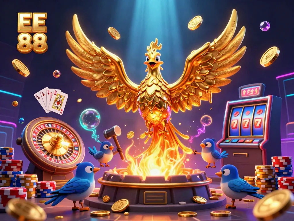 Experience dynamic gameplay with EE 88, featuring a golden phoenix, floating coins, and a spinning roulette wheel.