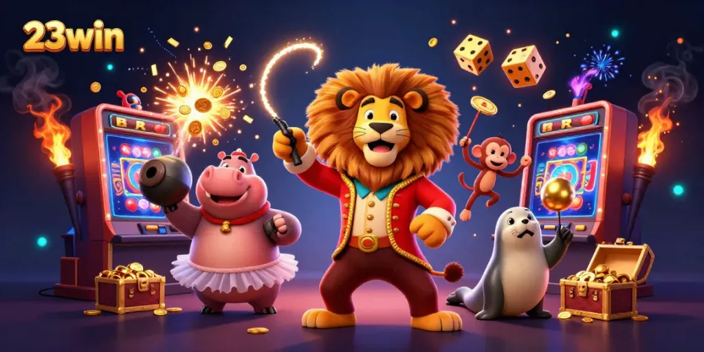 Experience the thrill of 23win's vibrant casino adventure with animated characters in a lively setting.