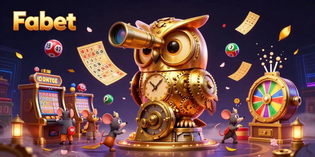 Experience Fabet's thrilling casino environment with a clockwork owl and vibrant game elements.