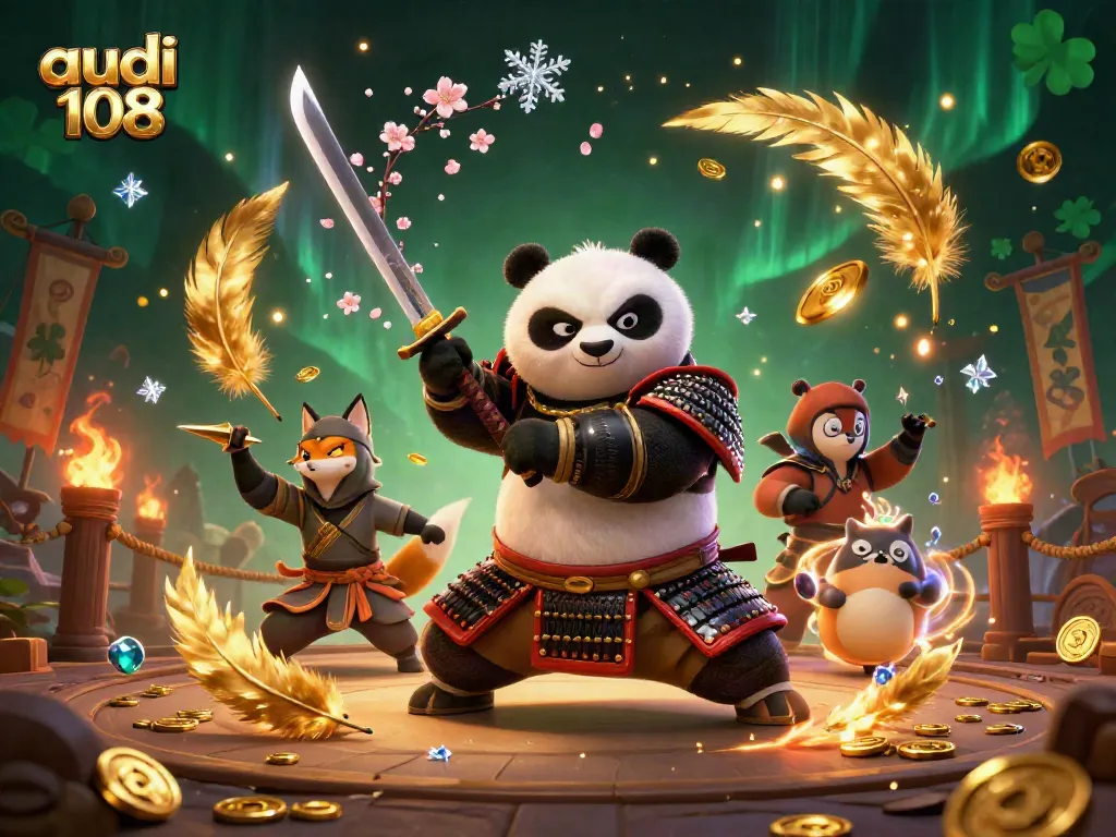Audi 108 menampilkan panda samurai, rubah ninja, dan tanuki dalam arena perjudian yang dinamis.