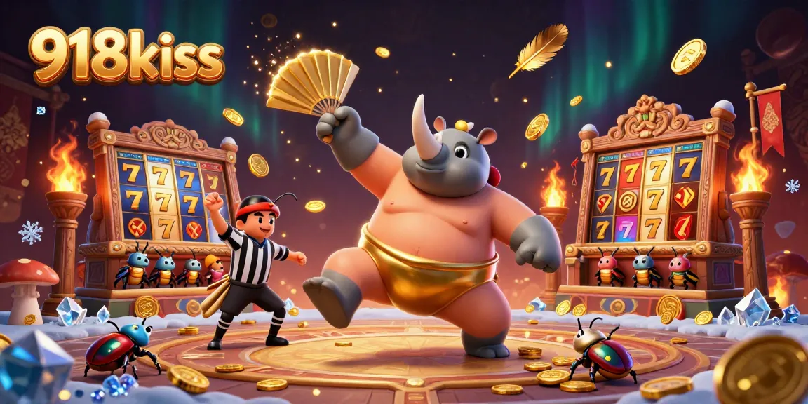 Engage with 918kiss as a powerful rhinoceros beetle sumo champion scatters gold coins in a vibrant casino setting.