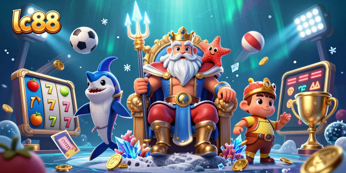 Engage with lc88 for exciting slots and more in a vibrant underwater casino illustration.