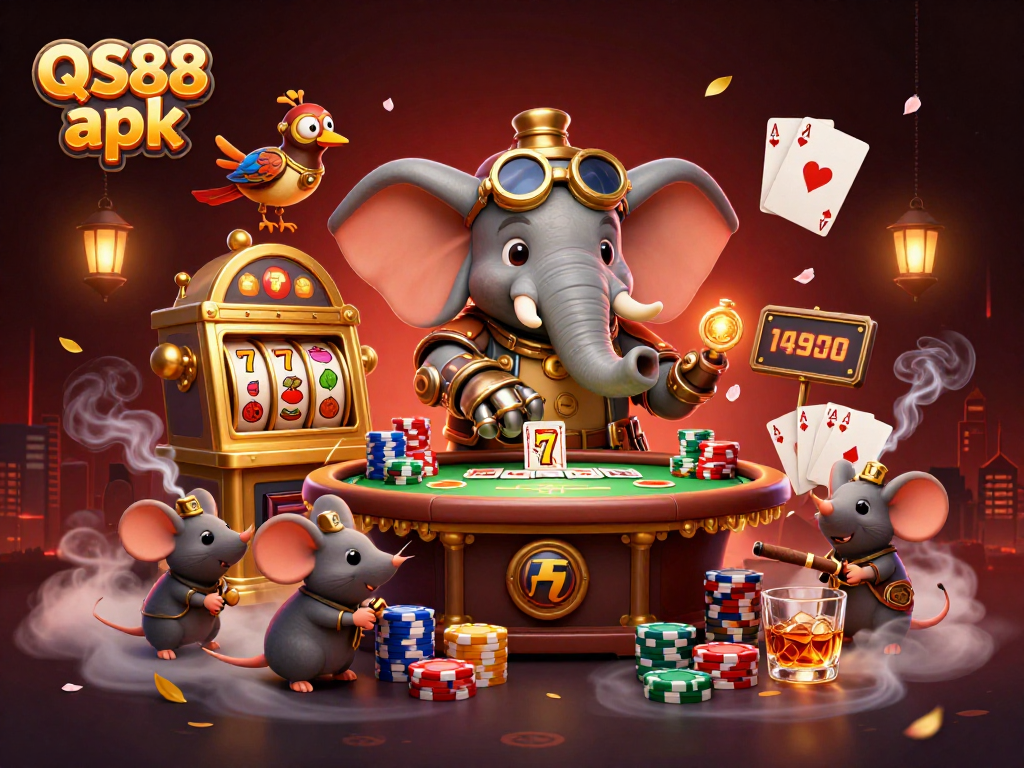 Play engaging games with QS88 apk, highlighting a steampunk-themed casino scene with vibrant slot machines.