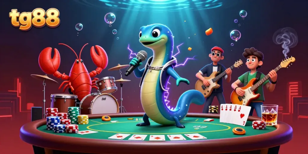 Experience thrilling games at tg88, featuring an electrifying underwater casino scene with vibrant characters.
