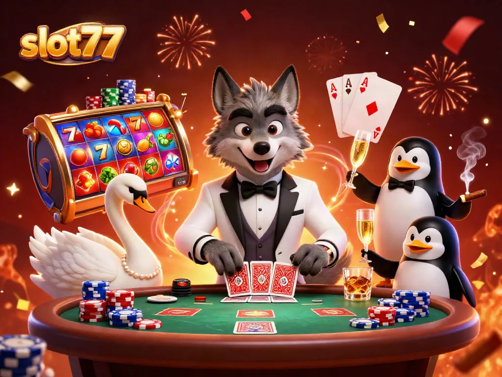 Experience excitement at slot777 with vibrant slot reels, a classy wolf, swan dealer, and a penguin sommelier