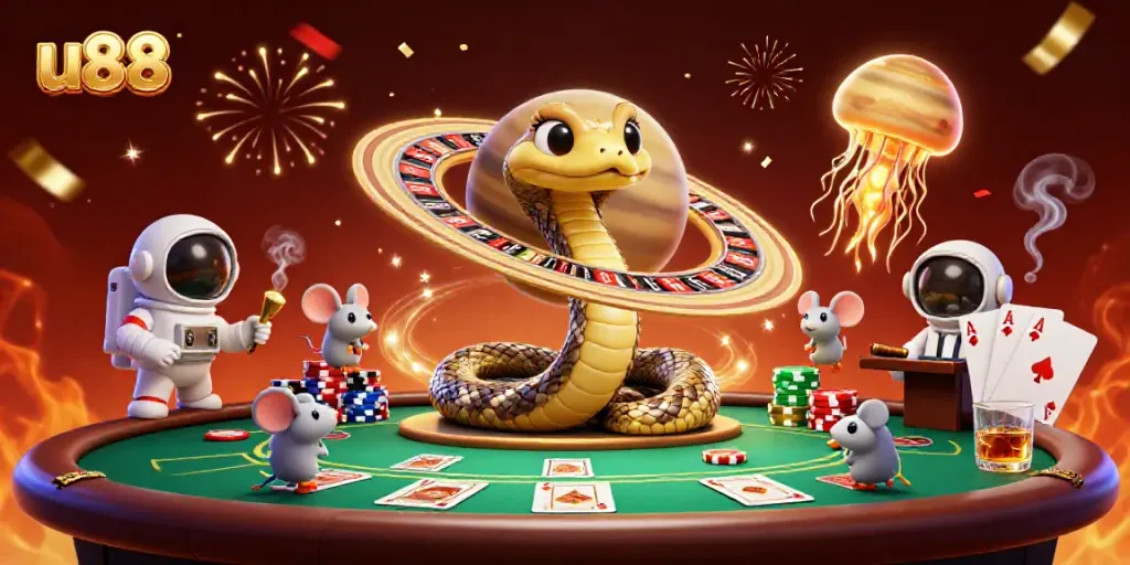 Experience the excitement of u88 gaming with an imaginative casino scene featuring playful astronaut mice and a cosmic dealer.