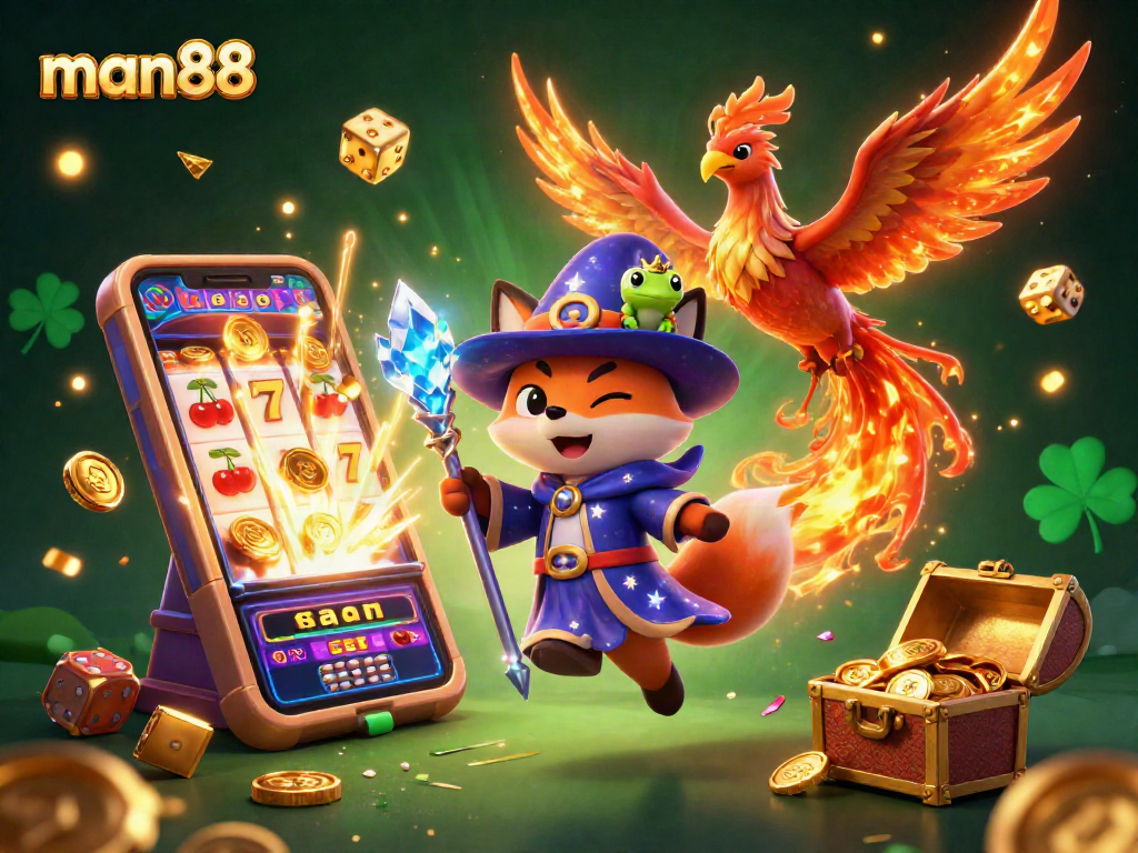 Experience man88 slot excitement with a mystical wizard fox, phoenix, and vibrant casino elements.