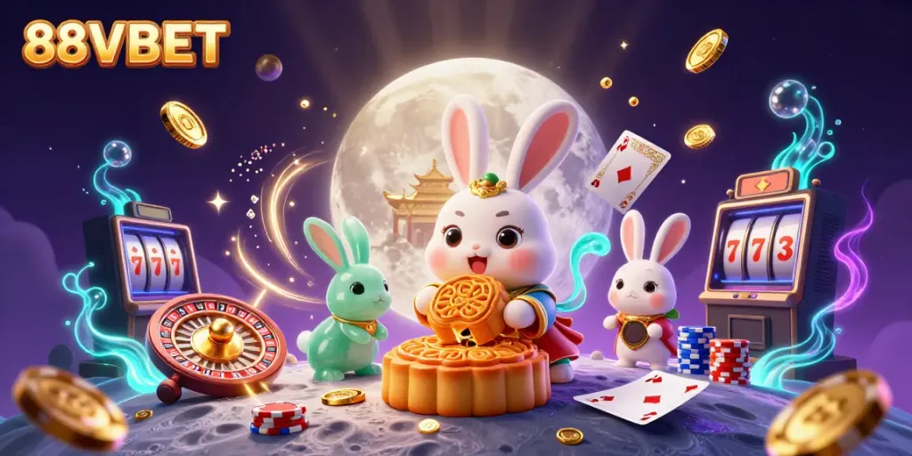 Engage in casino fun with 88VBET, featuring a moon rabbit in a vibrant illustration.