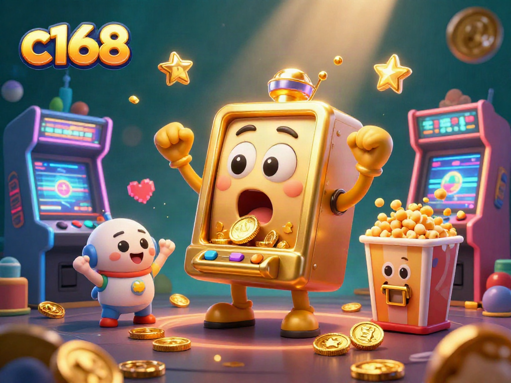 c168 slot machine celebrates jackpot win with dazzling coins and cheering baby machines in vibrant casino scene.