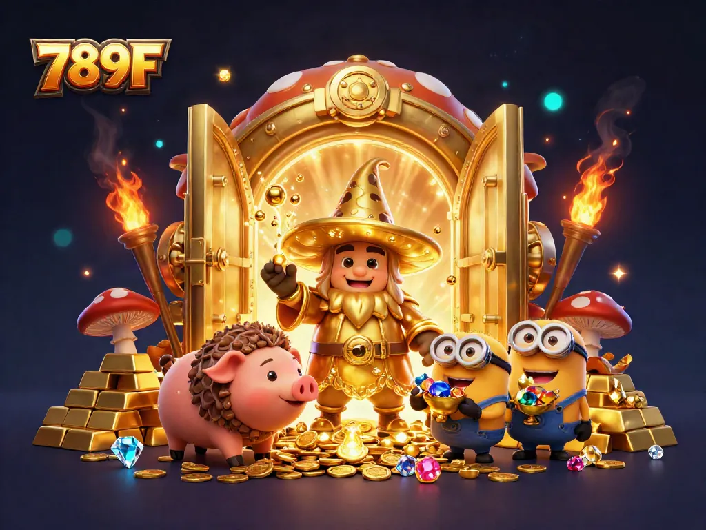 Experience the enchanting treasure hunt of 789F with a golden mushroom wizard, treasure, and jewels.