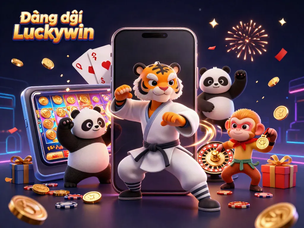 Engaging scene showcasing Đăng ký Luckywin with a kung fu tiger and panda, vibrant casino elements.