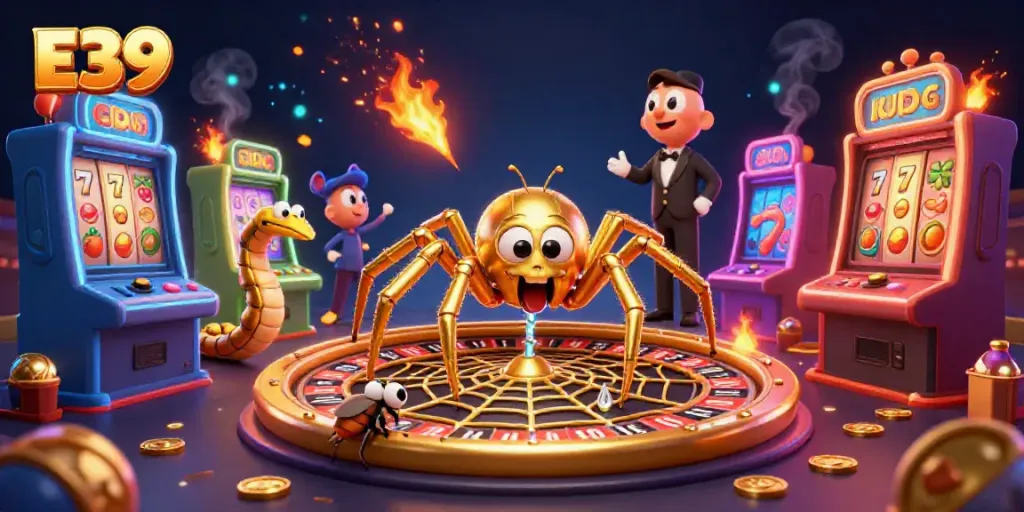 E39 spiders spin a golden roulette wheel in an energetic casino scene.