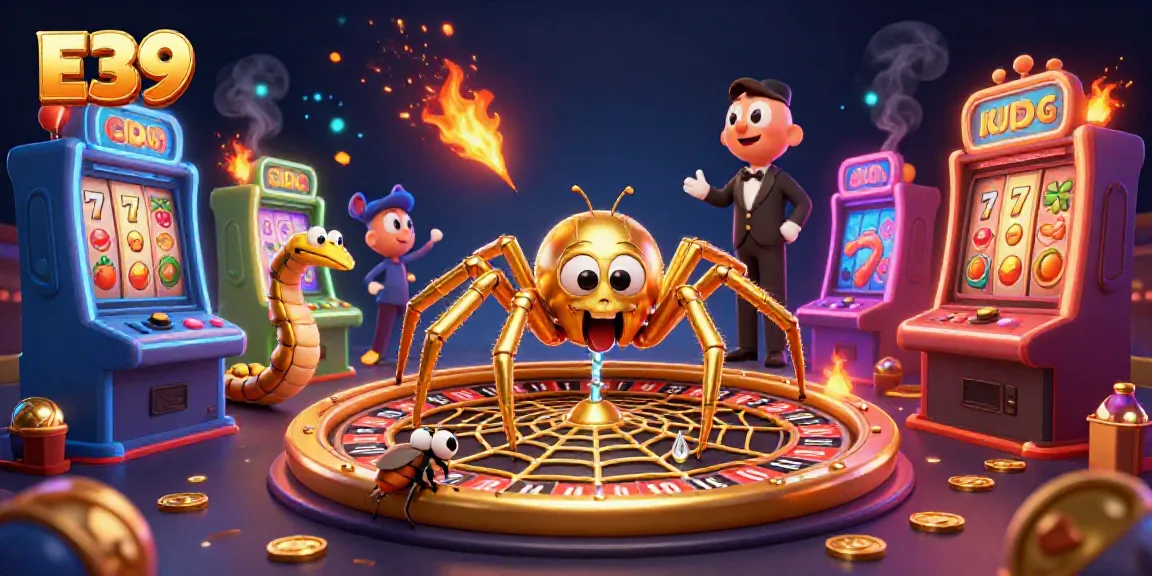 E39 spiders spin a golden roulette wheel in an energetic casino scene.