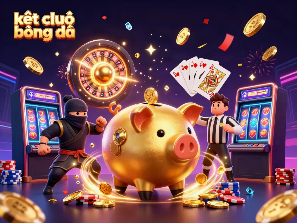 Experience exciting kết quả bóng đá through a vibrant, dynamic illustration featuring a golden piggy bank sumo wrestler and more.