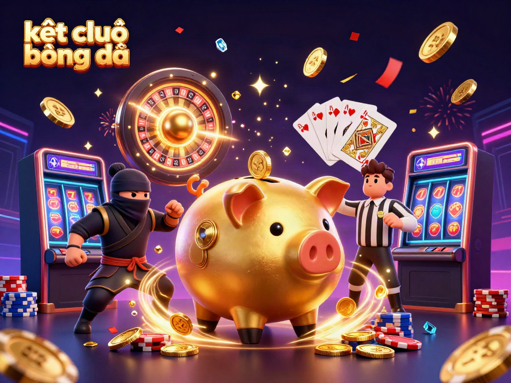 Experience exciting kết quả bóng đá through a vibrant, dynamic illustration featuring a golden piggy bank sumo wrestler and more.