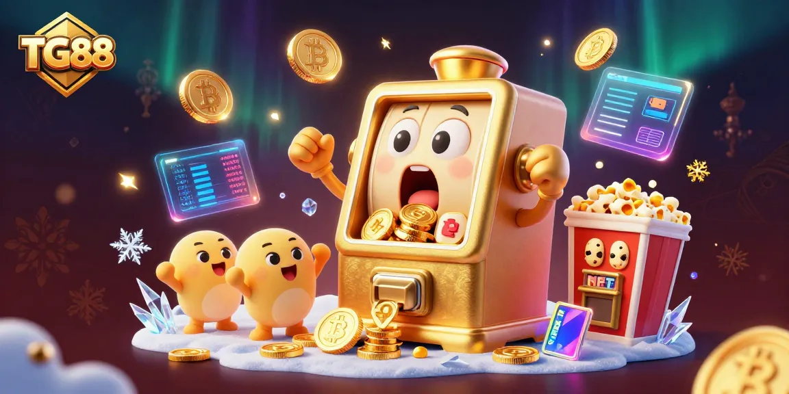 Win big with TG88's cartoon slot machine celebrating its jackpot amidst glowing crypto coins!