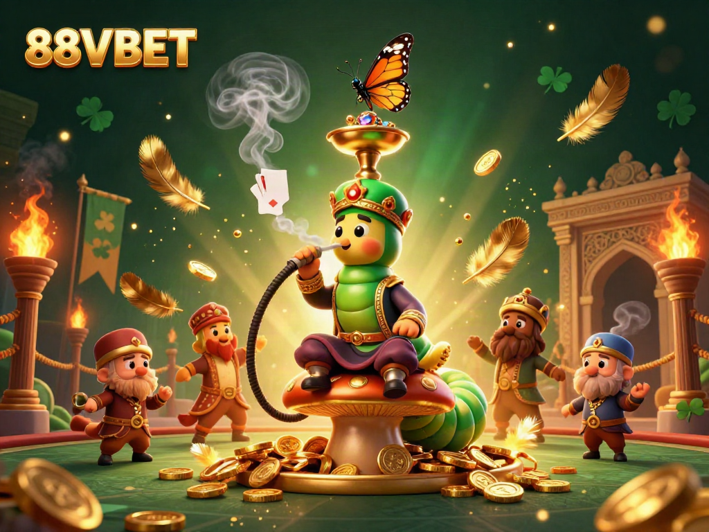 Engage in thrilling gameplay at 88VBET, witnessing a magical scene with a caterpillar master blowing poker symbols.