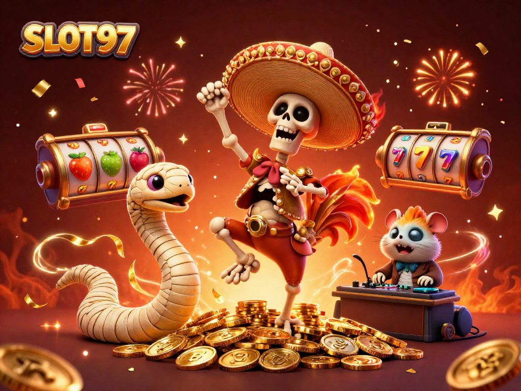 SLOT97 invokes excitement as a skeleton mariachi rooster dances on coins amid slot reels and colorful confetti.