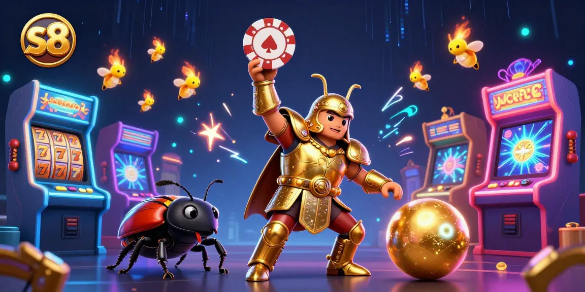 Engage with s8 as a hercules beetle celebrates a big win under neon lights in a vibrant casino scene.