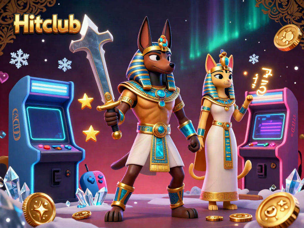 Hitclub features an ancient Egyptian warrior and companion surrounded by vibrant gaming elements in a casino setting.