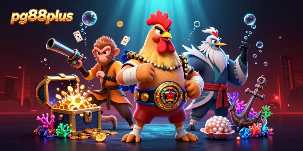 Experience the thrill of pg88plus with a vibrant, action-packed casino illustration featuring iconic characters.