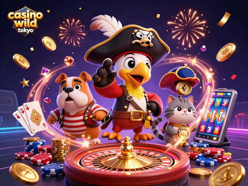 Experience the thrill of casino wild tokyo with lively characters amidst flying coins and spinning roulette.