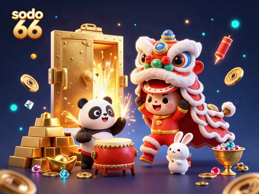 Experience exhilarating fun with sodo 66 through a uniquely vibrant casino scene featuring joyful characters and luxurious treasures.