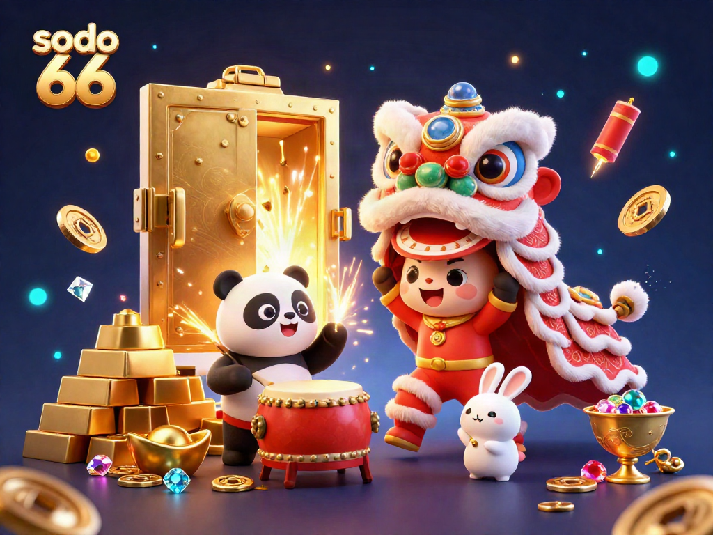 Experience exhilarating fun with sodo 66 through a uniquely vibrant casino scene featuring joyful characters and luxurious treasures.