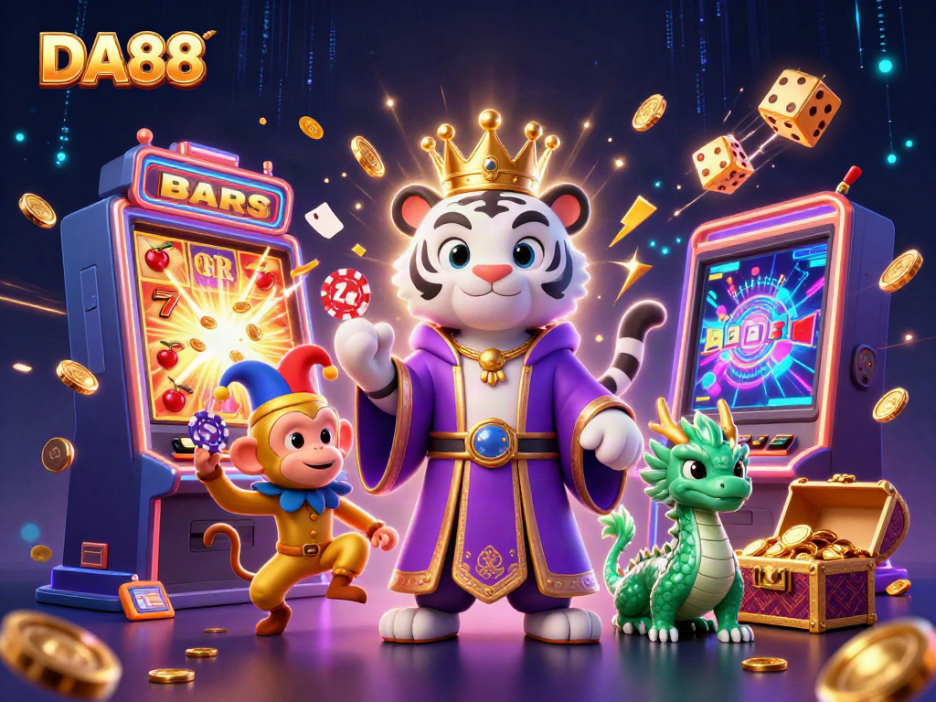 Experience the excitement with DA88, featuring a royal tiger, a juggling monkey, and vibrant casino elements.