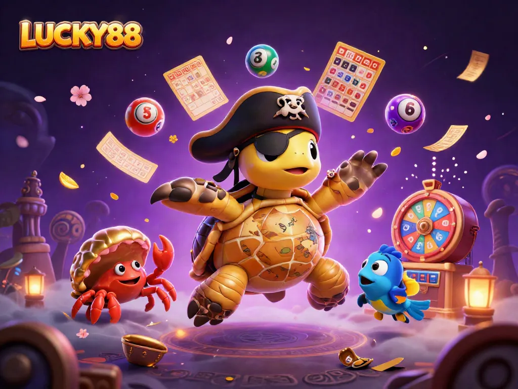 Experience the thrilling excitement of LUCKY88 with a vibrant 3D casino scene showcasing playful characters and dynamic game elements.
