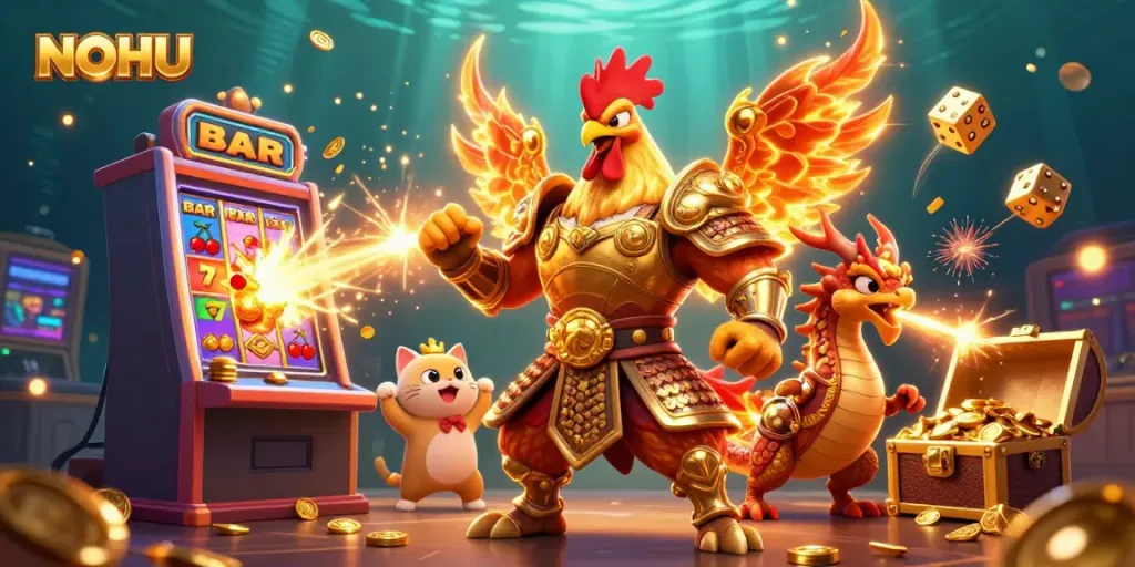 NOHU showcases a vibrant casino experience with a fighting rooster and dragon warrior amidst slot machines and gold coins.