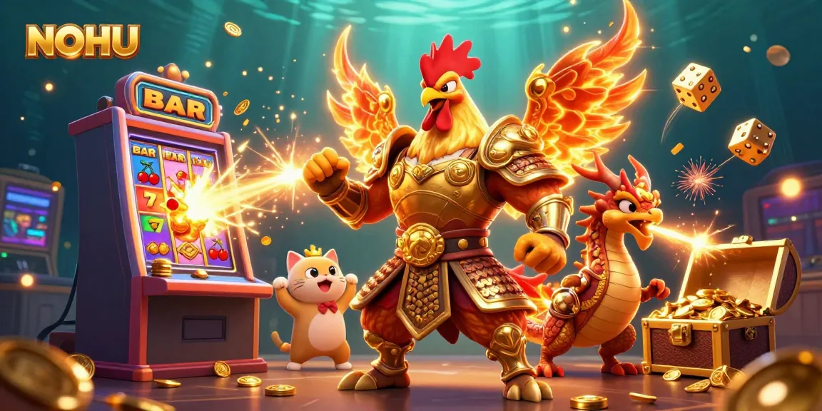 NOHU showcases a vibrant casino experience with a fighting rooster and dragon warrior amidst slot machines and gold coins.
