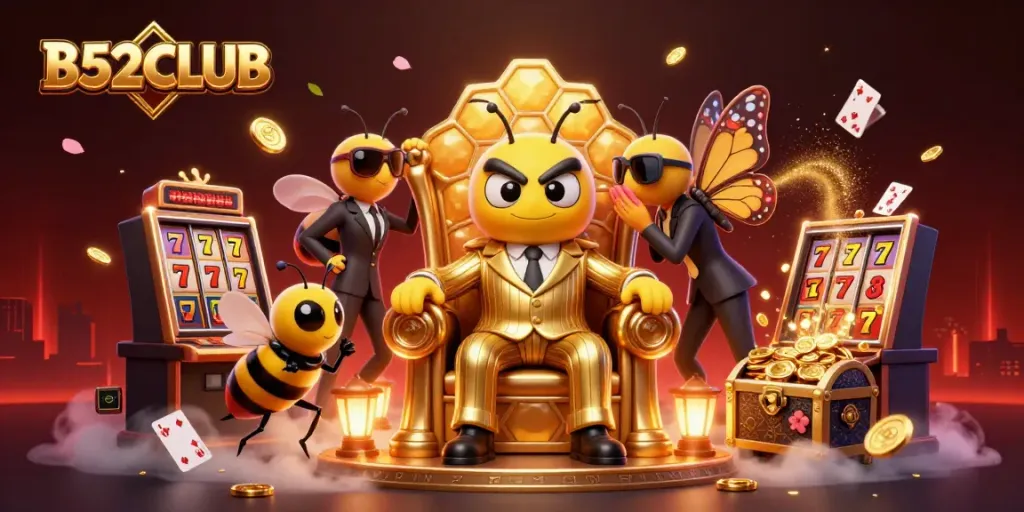 B52CLUB showcases a vibrant scene with a bumblebee mob boss amid slot machine action and gold coins.