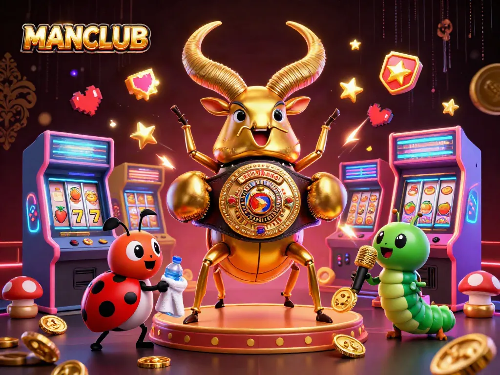 Engage with the MANCLUB as the giant beetle faces off in a vibrant casino scene filled with gaming icons.