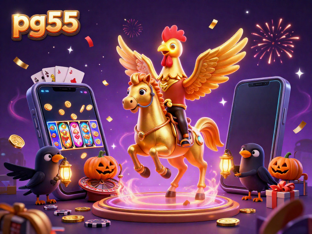 Win big at pg55 casino with a spectacular scene featuring vibrant characters and exciting gambling elements.