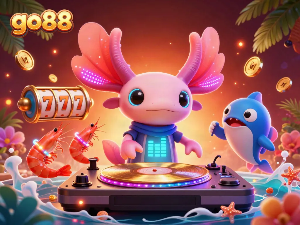 Experience the excitement of go88 with a vibrant 3D casino scene featuring a lively axolotl DJ and dynamic game elements.