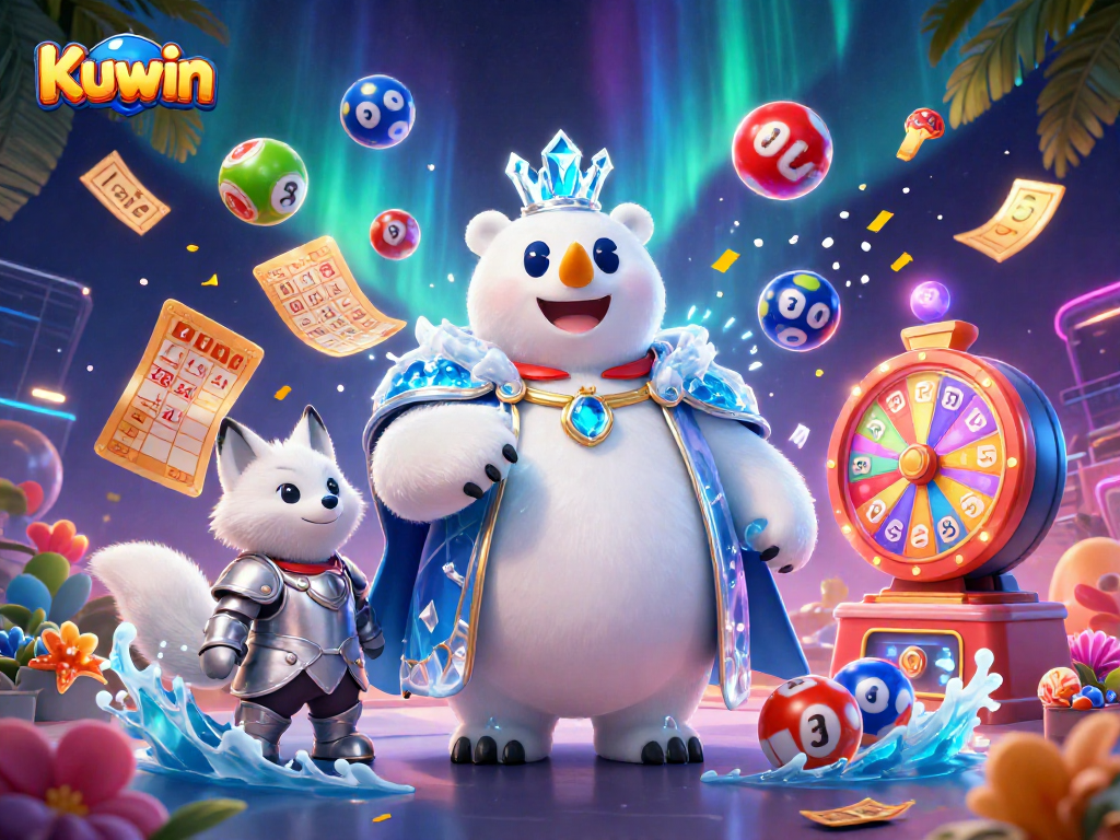 Kuwin captures the excitement of gambling with a 3D polar bear and fox, surrounded by vibrant lottery elements.