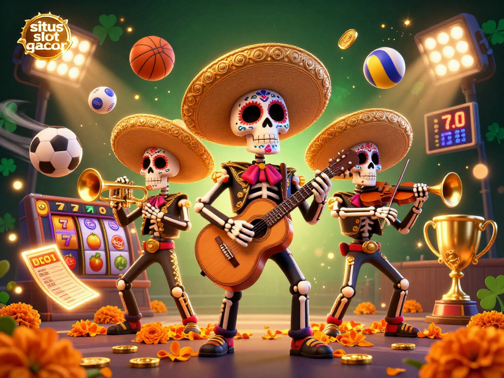 Situs slot gacor illustration showcasing a lively mariachi band with casino elements and vibrant details.
