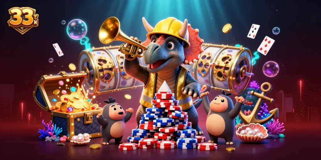 Engage with the thrilling world of gambling at 33WIN with vibrant casino graphics and energetic characters.