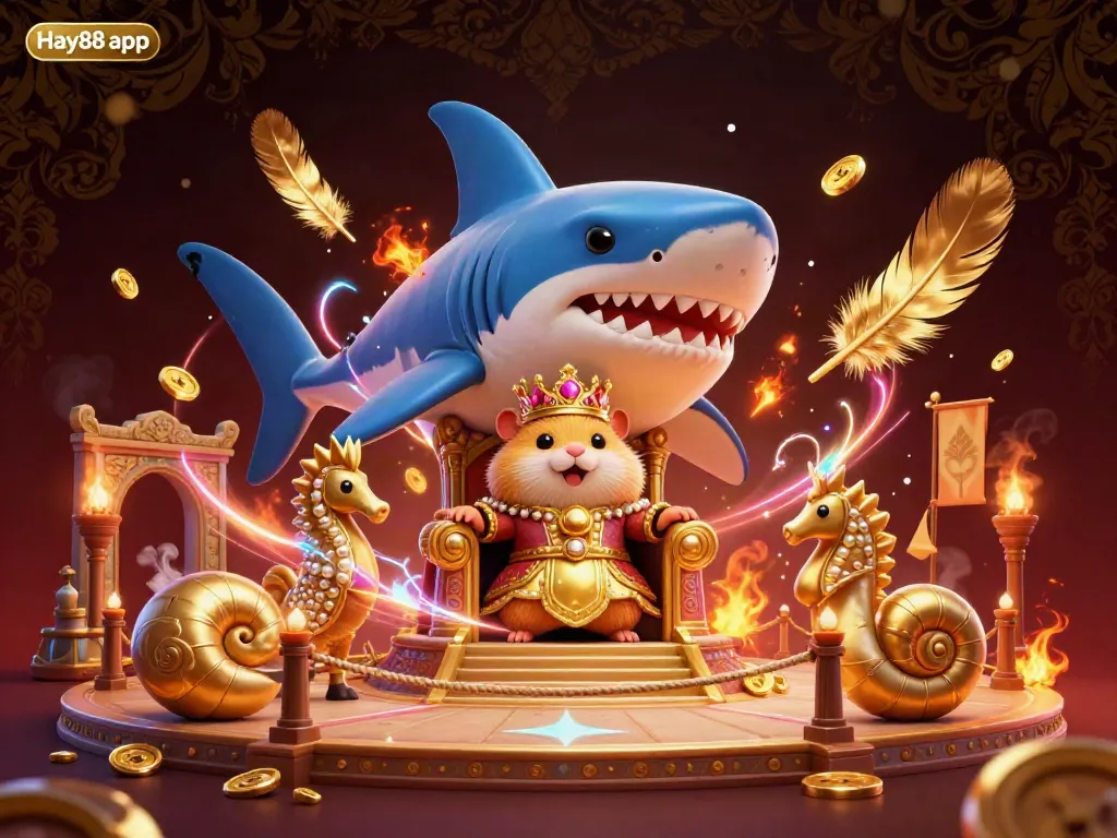 Experience the excitement of the Hay88 app with a spectacular 3D illustration featuring a golden hamster king in a dynamic casino setting.