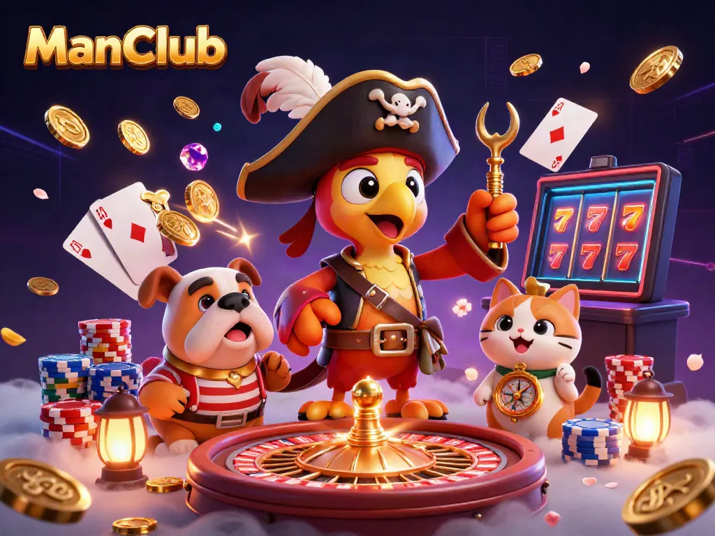 Experience thrilling action at ManClub with cartoon characters amidst casino excitement and shining treasures.
