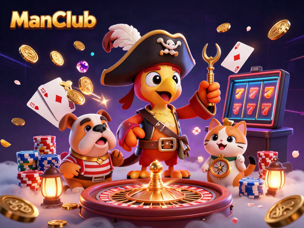 Experience thrilling action at ManClub with cartoon characters amidst casino excitement and shining treasures.