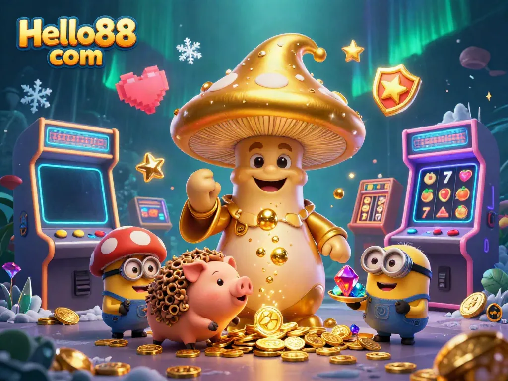 Experience thrilling gameplay at Hello88 com with a golden mushroom wizard and colorful gaming elements.