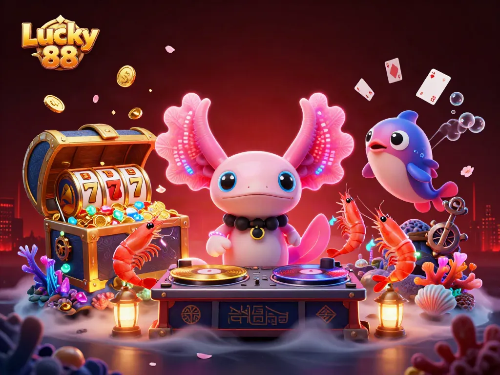 Engage with Lucky 88's vibrant casino scene featuring an axolotl DJ and lively aquatic characters.